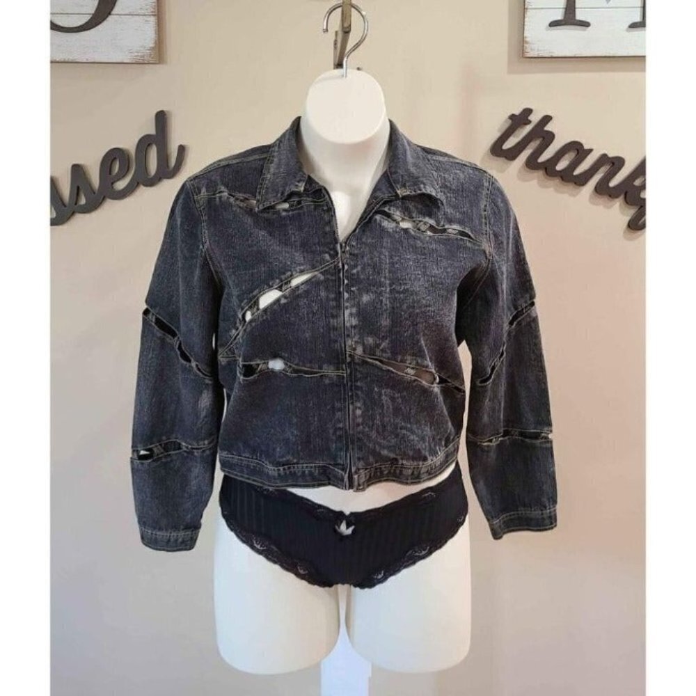 Women’s Size 16 Goddess Trend Distressed Denim Zip Jacket w/ Cutouts Dark Wash